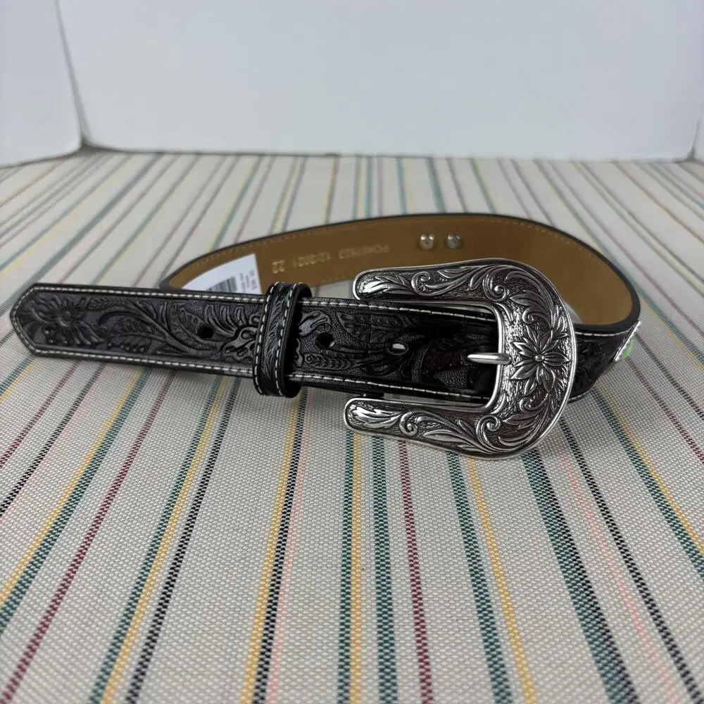 Ariat Belt Youth 22 Black Western Tooled Engraved Buckle Green Studs A1302402